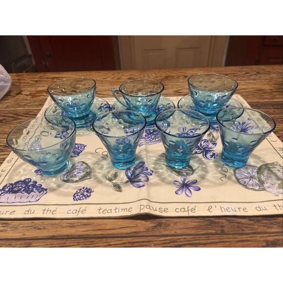 10 Pc 1950s Hazel Atlas Capri Dots Azure Blue Whisky Glasses Cups Saucers Custar - Picture 12 of 15